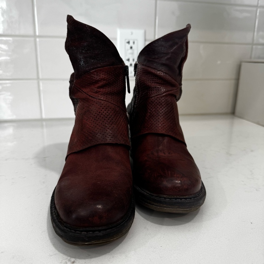 AS98 Burgundy Patchwork Leather Foldover Ankle Boots EU 36/US 6 - Picture 2 of 9